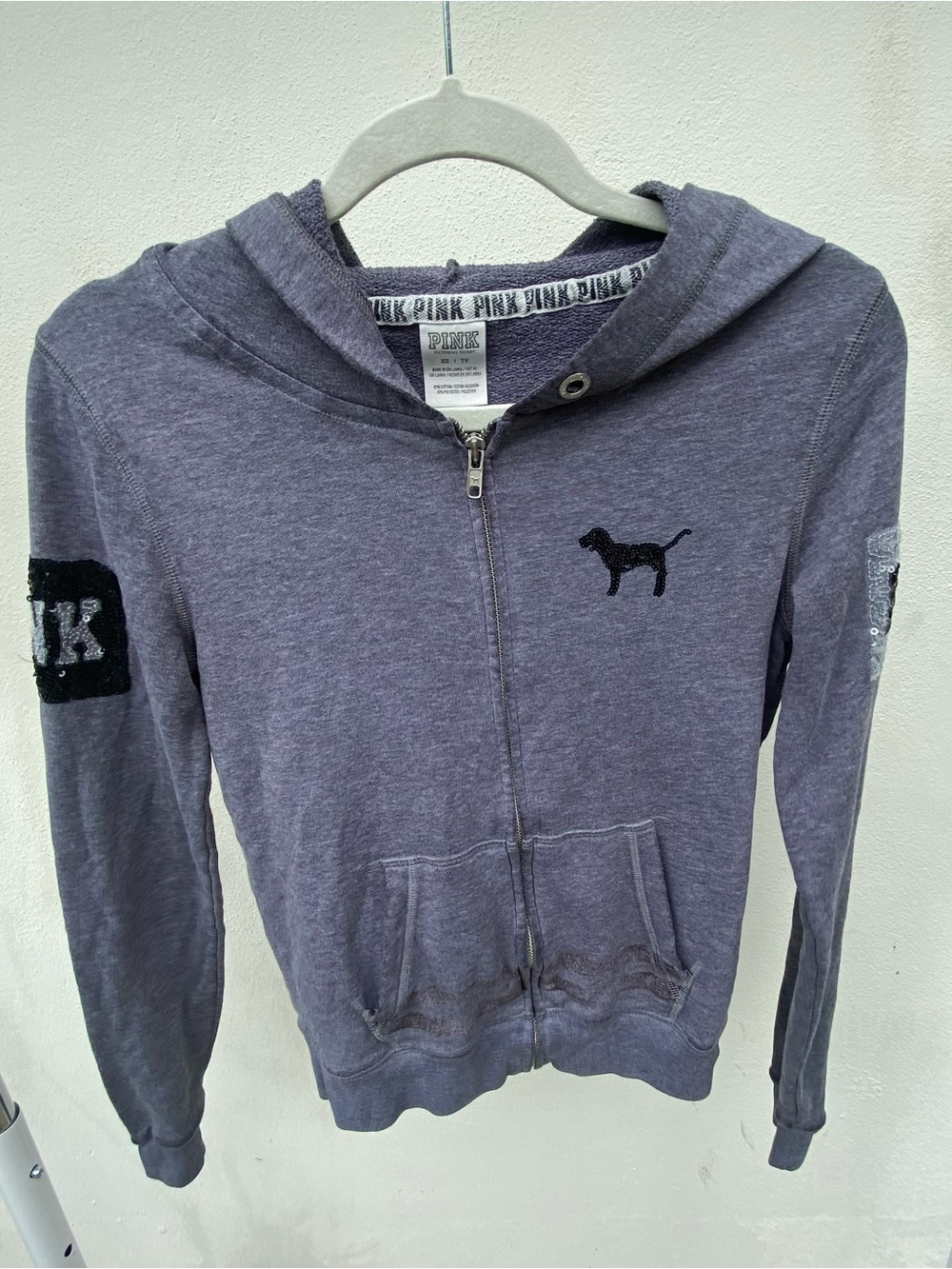 Y2K Victoria’s Secret Grey Love Pink Sequin Full Zip Hoodie Size XS - Picture 1 of 9